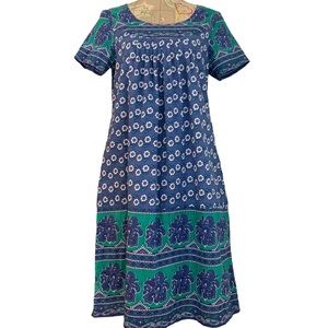 The Vermont Country Store Knee Length Cotton Muumuu House Dress Small Blue Green